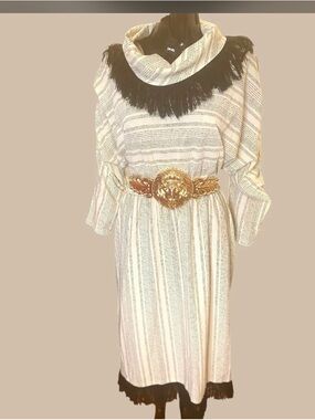 Vintage Cream Stripe Midi Dress with Black Fringe